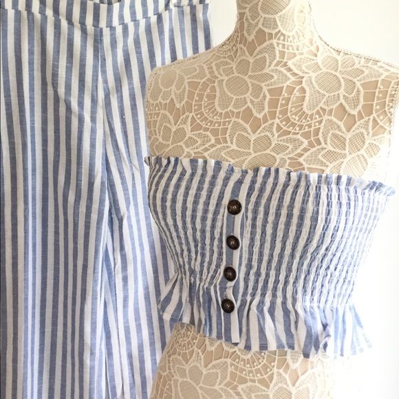 SHEIN Strapless  Blue White Striped  Top Pants Set - Picture 4 of 8